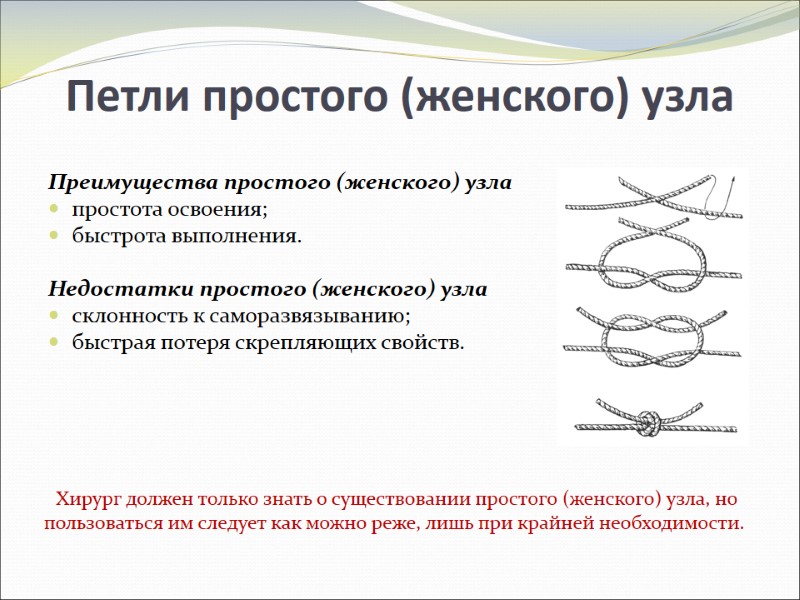 Петли простого (женского) узла Преимущества простого (женского) узла простота освоения; быстрота выполнения. Петли простого (женского) узла Преимущества простого (женского) узла простота освоения; быстрота выполнения.
